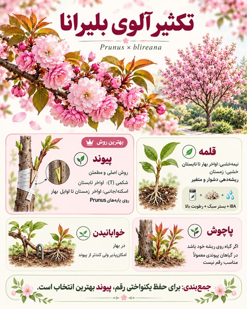آلوی زینتی بلیرانا; درختچه‌ای زینتی با گل‌های صورتی پُرپر و برگ‌های ارغوانی
